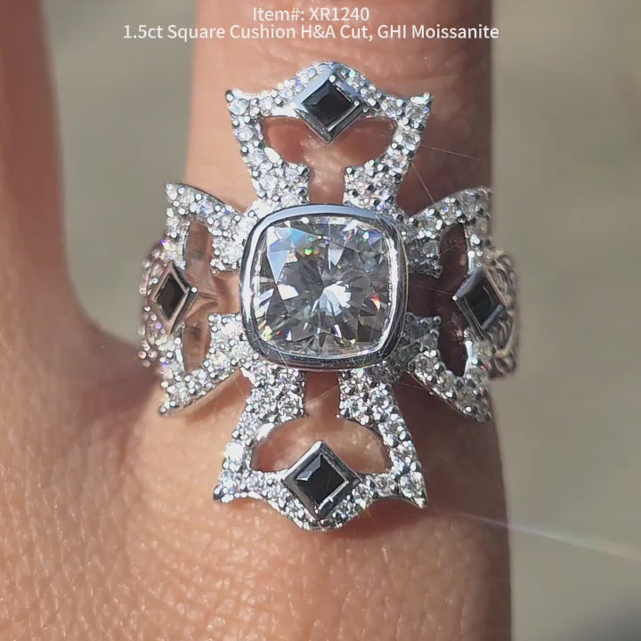 Doveggs XR1240 square cushion moissanite engagement ring with black sapphires