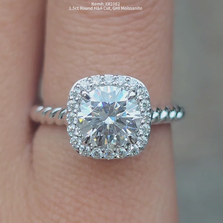  DovEggs 1ct round H&A cut moissanite ring sparkling on hand | halo claw prong setting engagement ring for women.