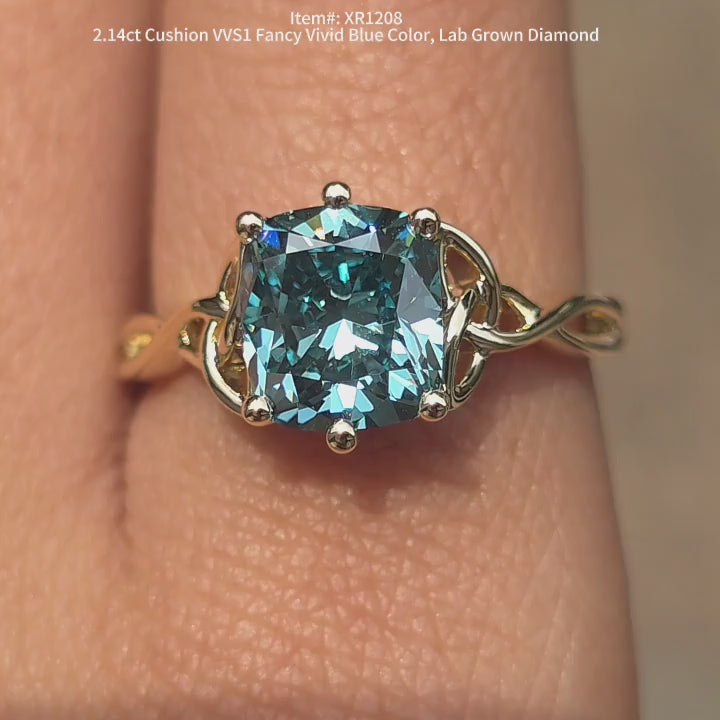 DovEggs 2.14ct Cushion Shaped Fancy vivid blue Lab Grown Diamond Engagement Ring for Women.
