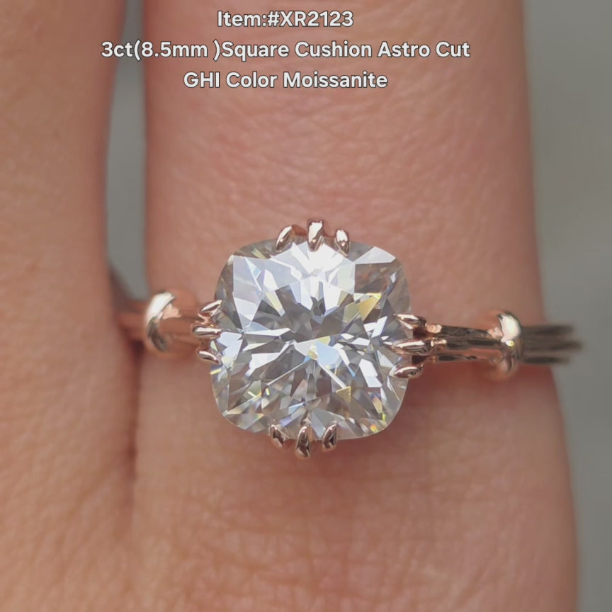 DovEggs cushion Astro cut moissanite ring sparkling in natural light video