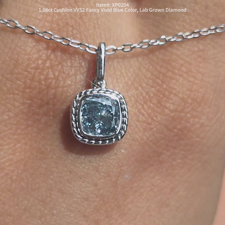 DovEggs 1.06ct Cushion Fancy vivid blue lab grown diamond ring sparkling on-hand video.