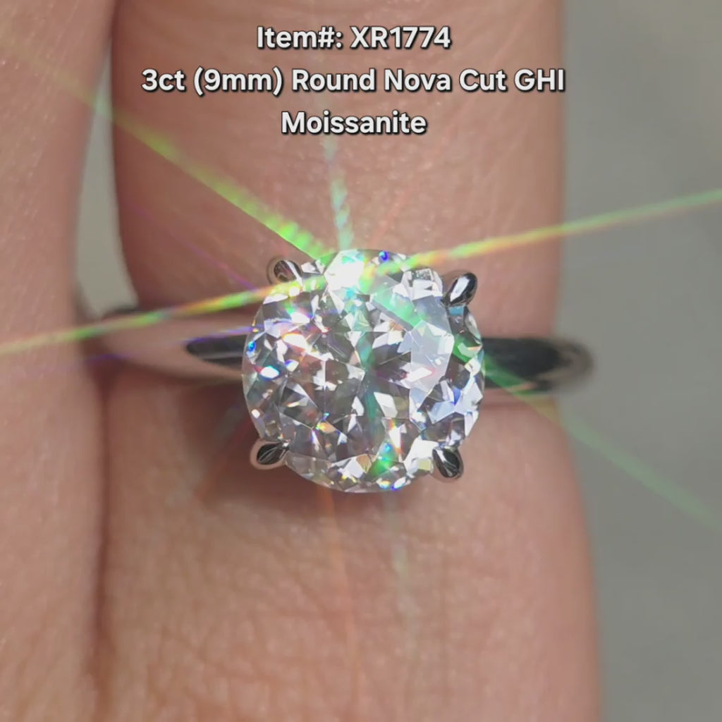 DovEggs Nova cut Round moissanite engagement ring sparkling in sunlight video