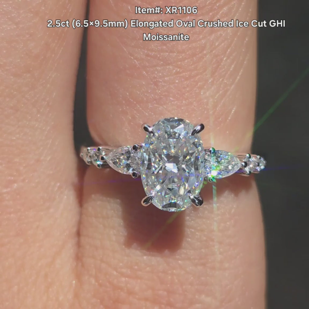 DovEggs elongated oval Crushed ice moissanite ring sparkling in sunlight video