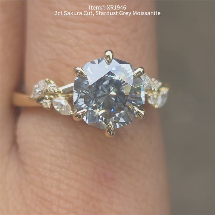 DovEggs Signature Stardust Grey color moissanite Ring – 2ct Modified Sakura cut moissanite Engagement Ring for Women
