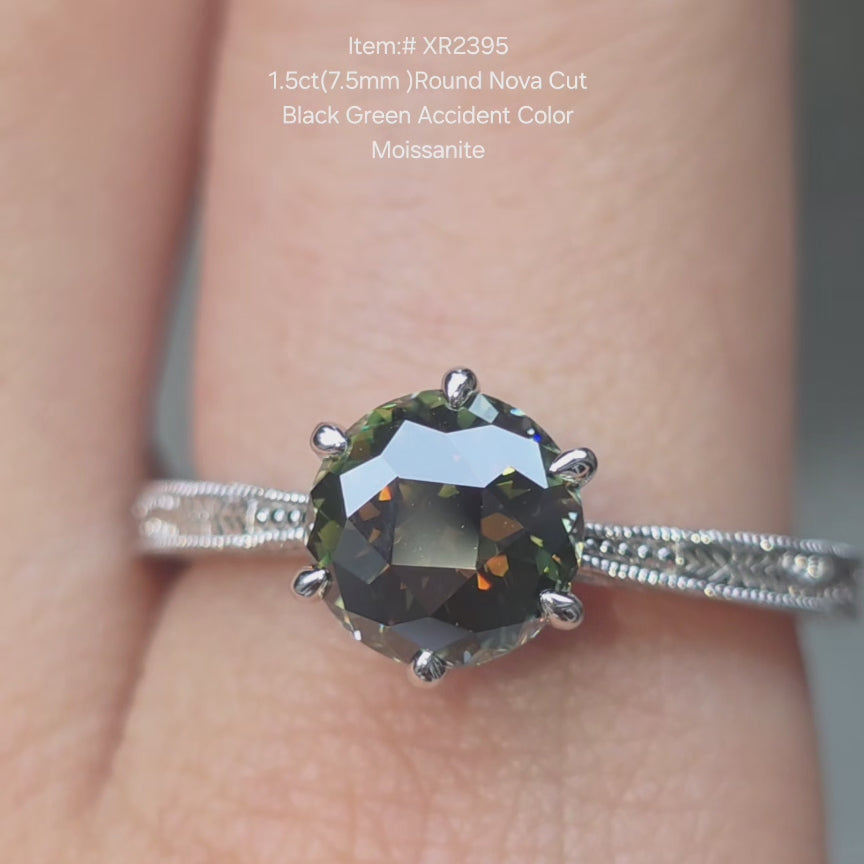 DovEggs round nova cut black green accident color moissanite ring sparkling in natural light video