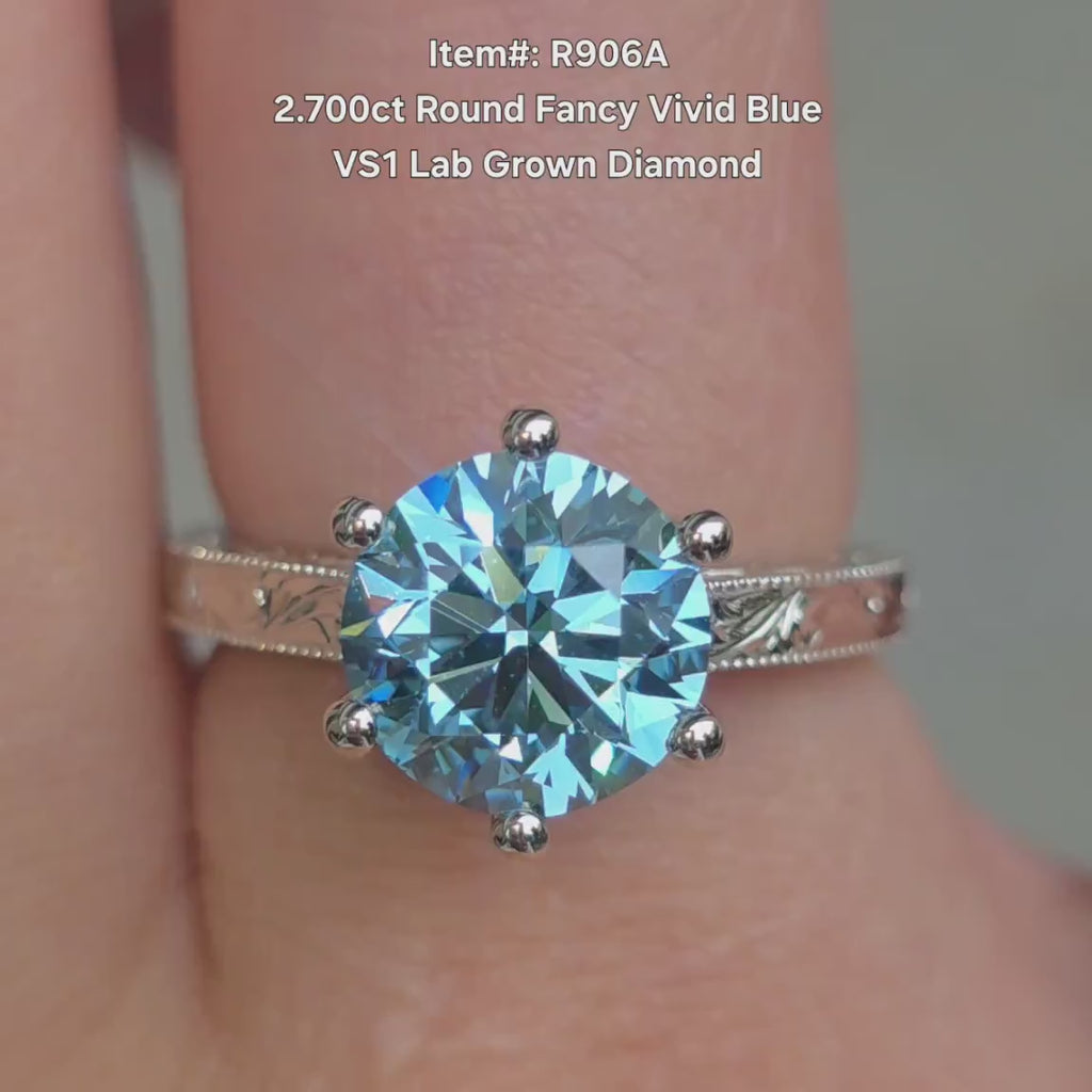 DovEggs solitaire carved round fancy vivid blue lab diamond engagement ring video