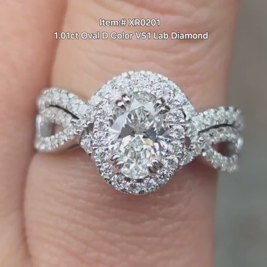 DovEggs oval twisted band with pave halo lab diamond engagement ring video