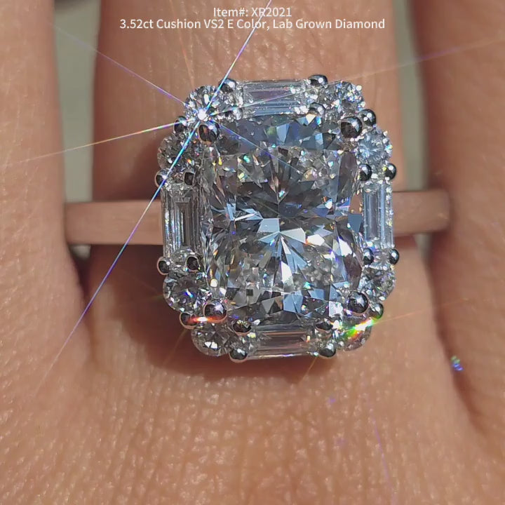 DovEggs halo vintage 3.52ct cushion lab diamond engagement ringin sunlight video