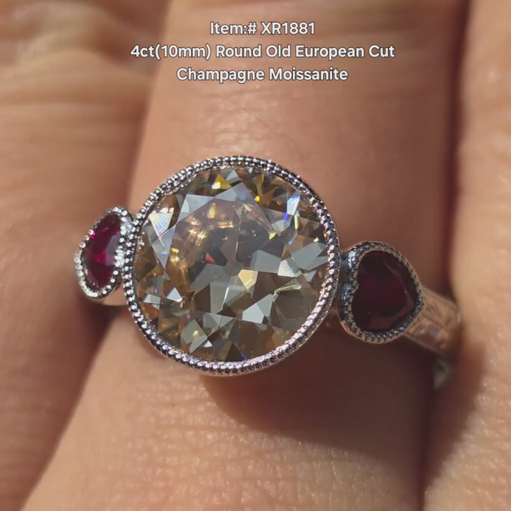 DovEggs Old European Champagne round  moissanite ring sparkling in sunlight video