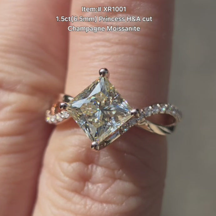 Video of 1.5ct Princess H&A Cut champagne moissanite in sunlight 