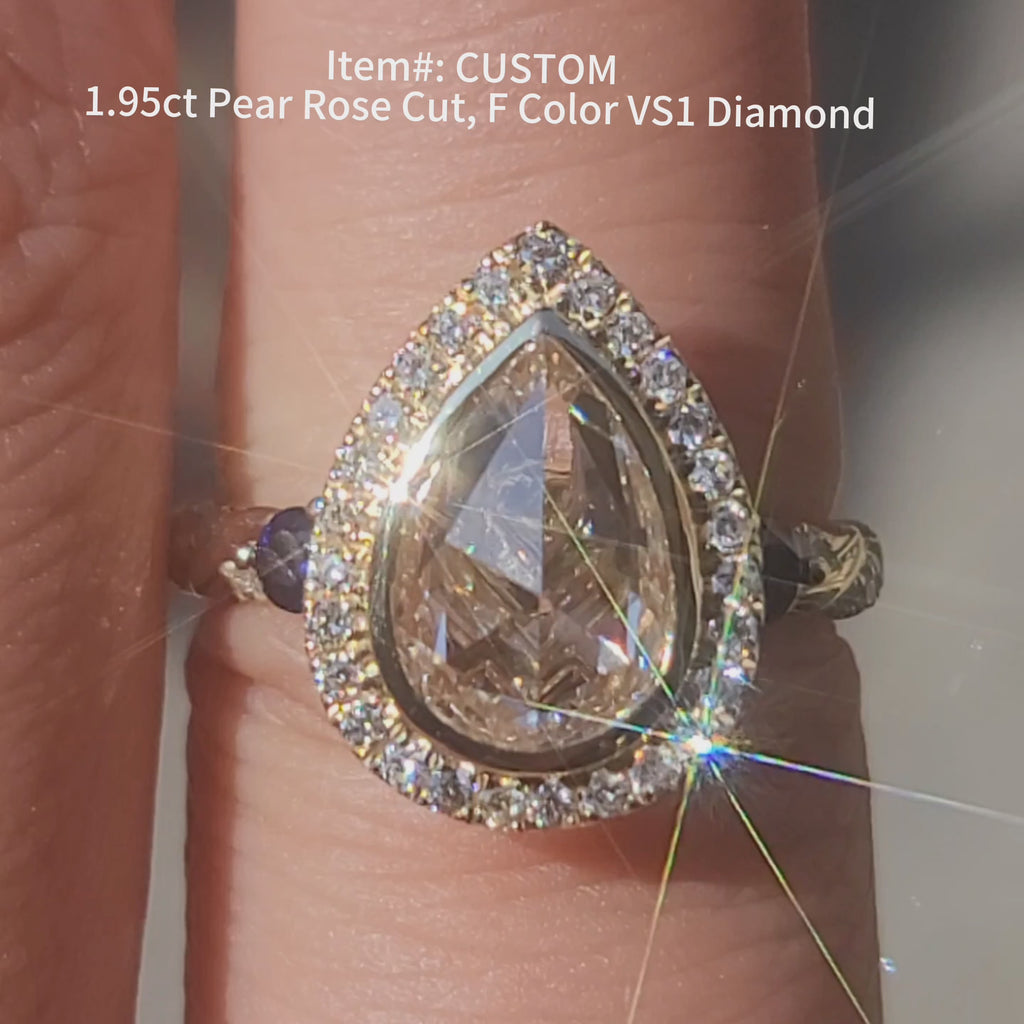 Rose cut pear lab  diamond ring outside lighting.