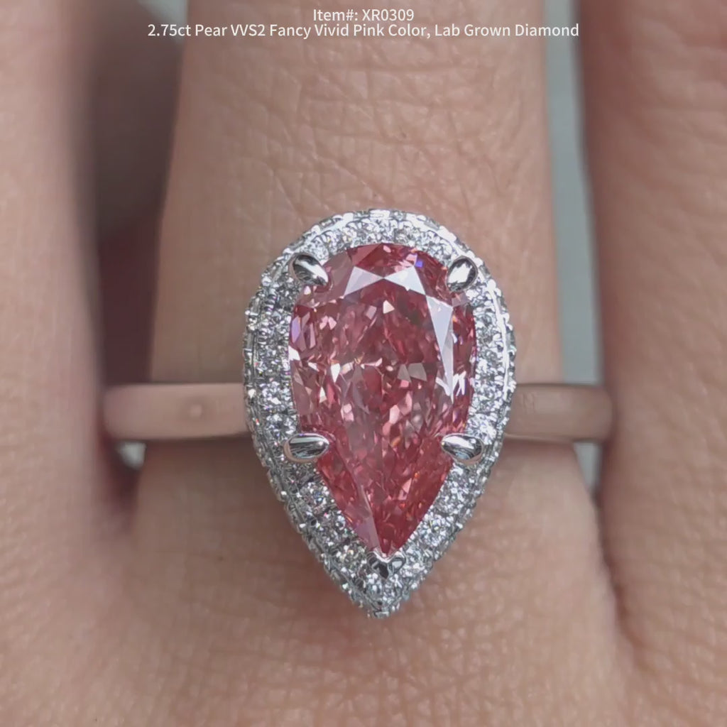 DovEggs 2.75ct Pear Shaped Fancy Vivid Pink Lab Grown Diamond Ring – Halo Engagement Ring for Women
