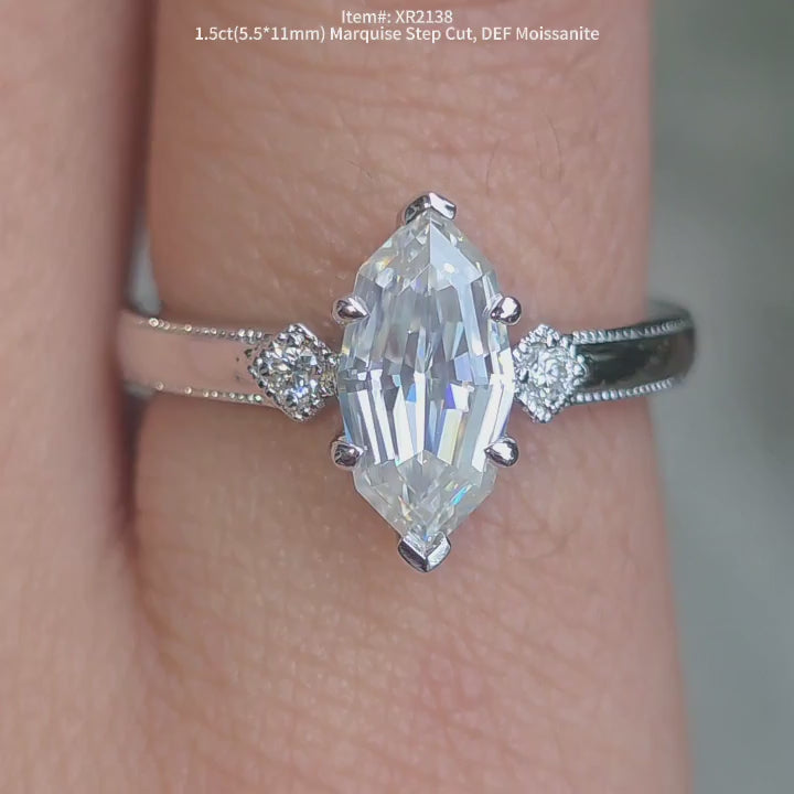 DovEggs marquise step cut three stones moissanite engagement ring video