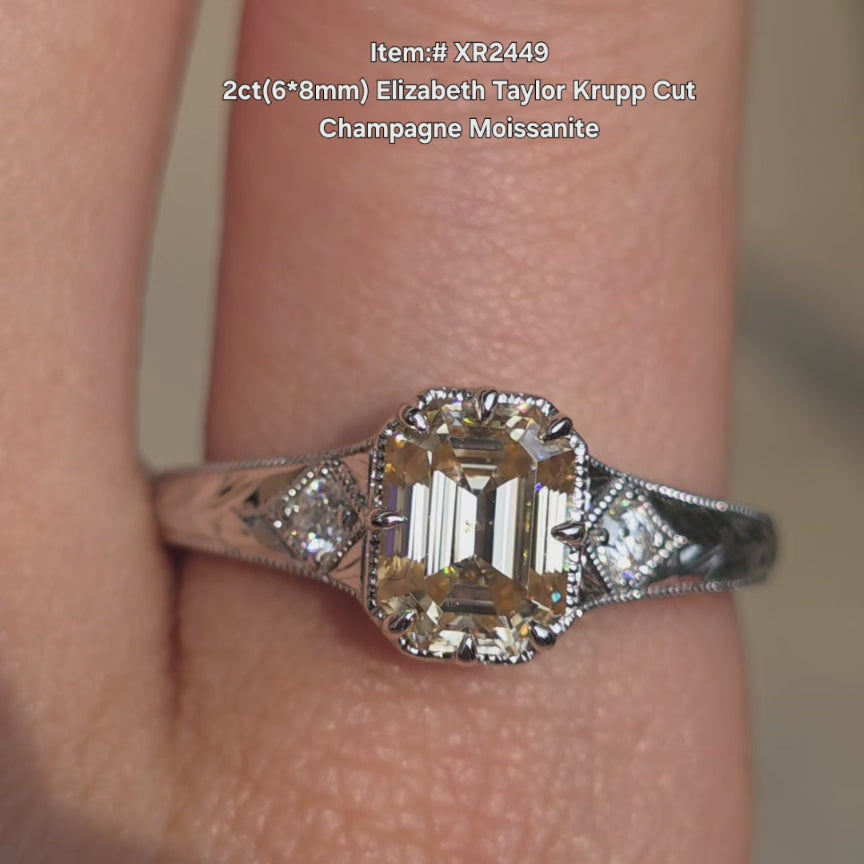 DovEggs krupp cut champagne color moissanite ring sparkling in sunlight video.