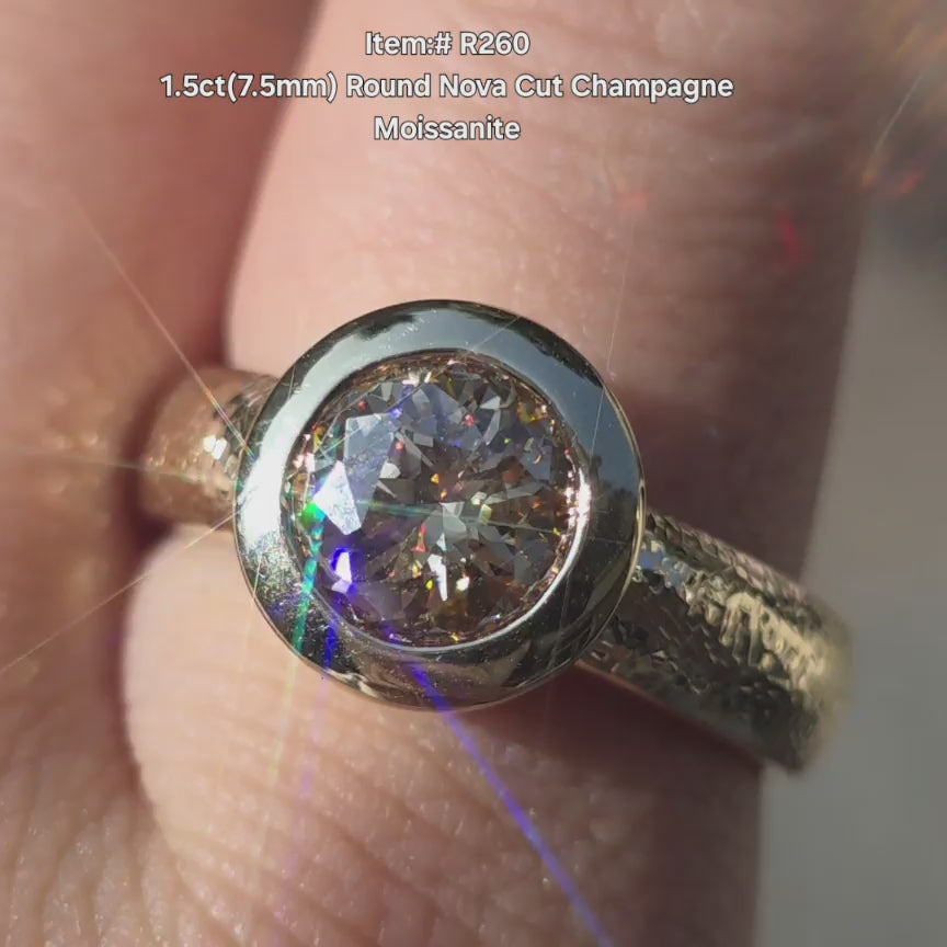 DovEggs Nova round champagne moissanite ring sparkling in sunlight video