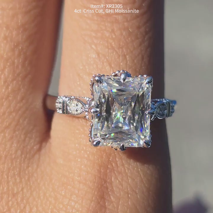 DovEggs Criss GHI color moissanite ring sparkling in sunlight video