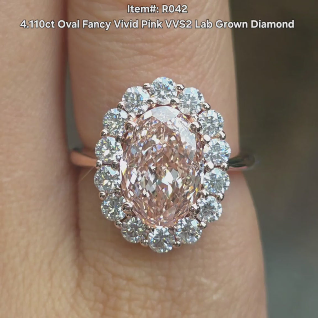DovEggs 4.11ct Oval Shaped Lab Grown Diamond Ring – Fancy vivid pink Halo  Engagement Ring for Women