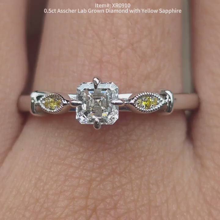DovEggs 0.5ct asscher lab diamond with yellow sapphire engagement ring