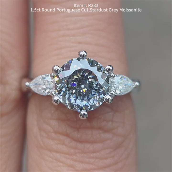 DovEggs 1.5ct round Portuguese cut  stardust grey color moissanite engagement ring with side stones for women.