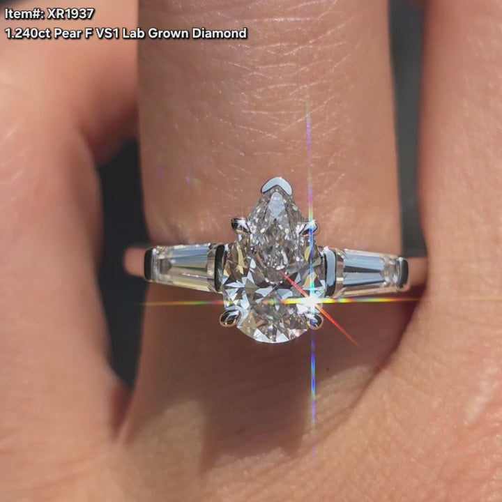 DovEggs 1.24ct Pear Shaped Lab Grown Diamond Ring – Three stones Engagement Ring for Women

