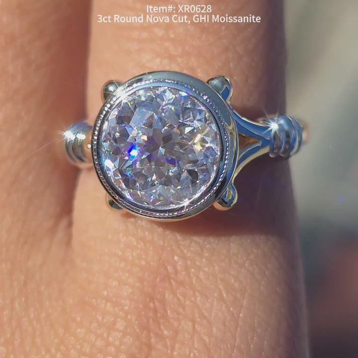DovEggs Nova cut GHI color round moissanite ring sparkling in sunlight video