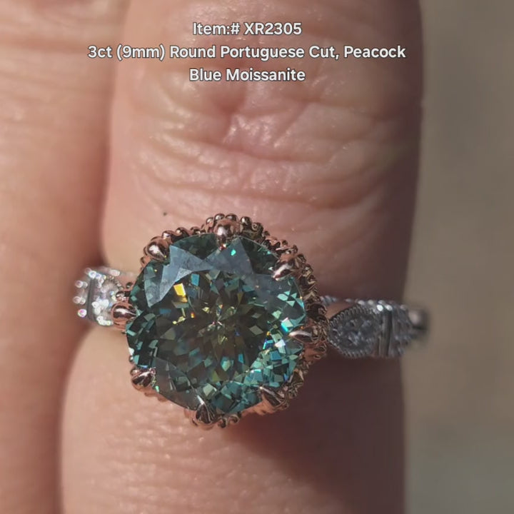 DovEggs 3ct  Peacock blue moissanite Ring – Round Portuguese cut Engagement Ring for Women
