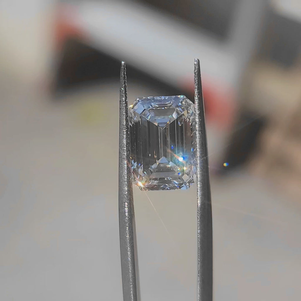 Custom lab diamond rings online - 5.14ct emerald cut F color VS1 in sunlight
