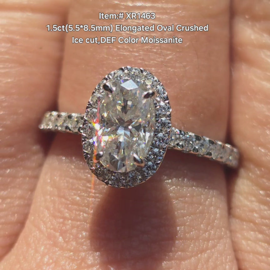 DovEggs elongated oval Crushed ice moissanite engagement ring 