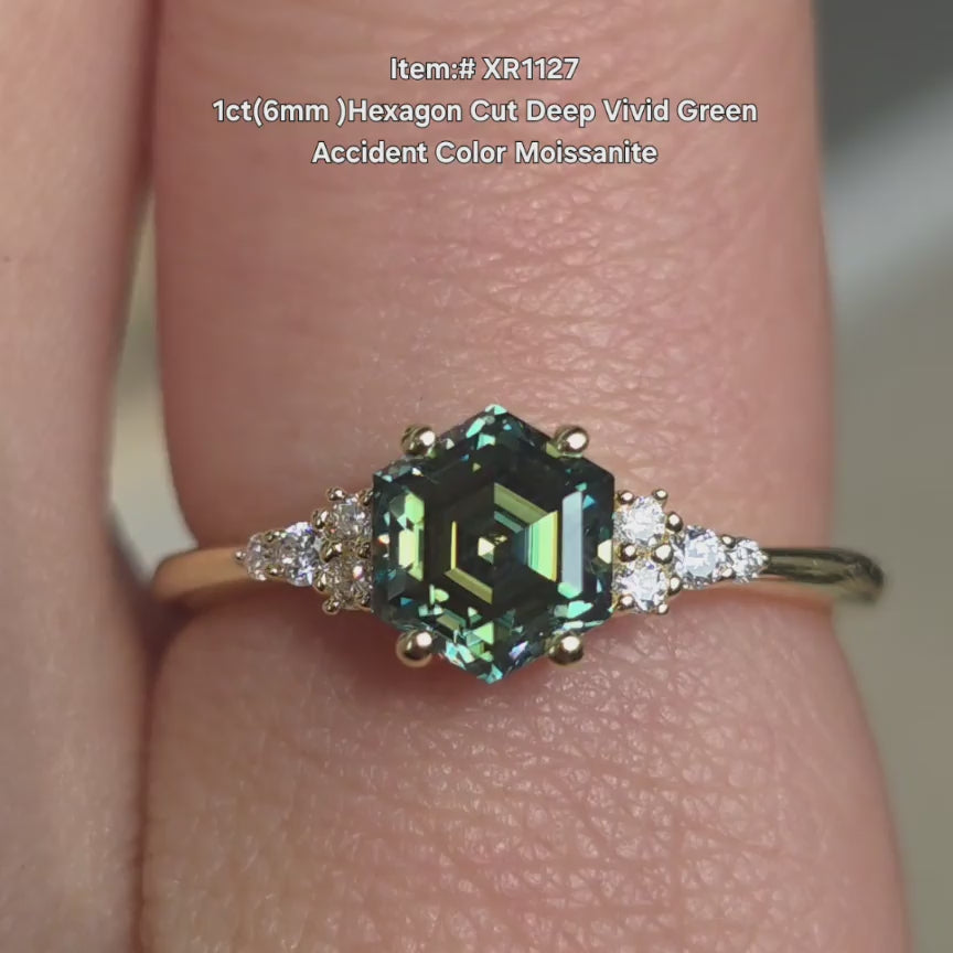 DovEggs Hexagon Deep Vivid Green Accident  moissanite ring sparkling in sunlight video