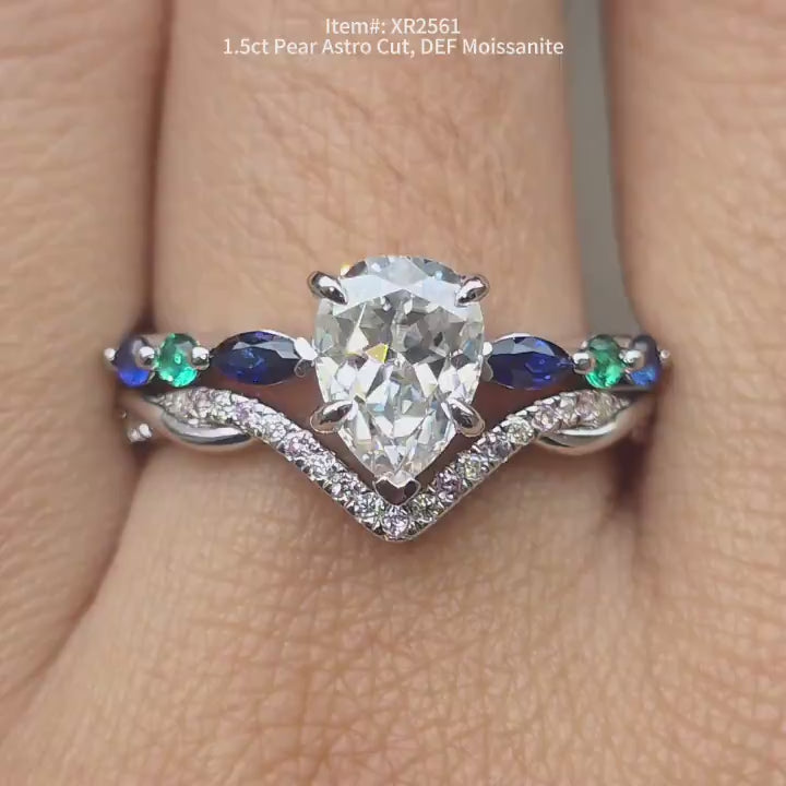 DovEggs pear astro cut moissanite with marquise colored gem engagement ring