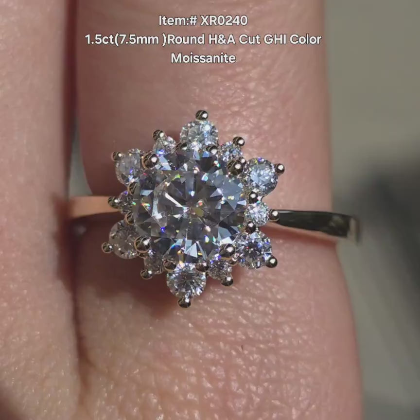 DovEggs round moissanite with halo stones floral engagement ring in sunlight