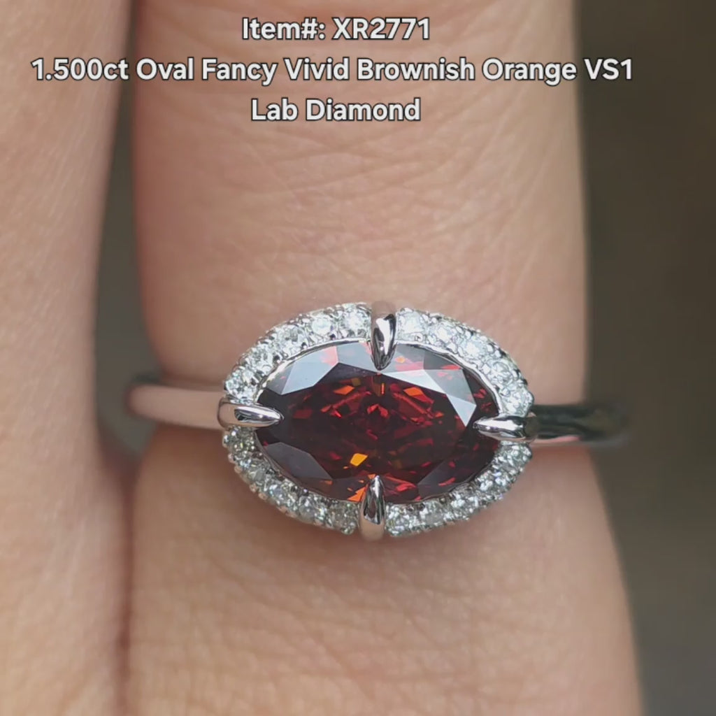 DovEggs 1.5ct Oval Shaped Lab Grown Diamond Ring – Fancy vivid Brownnish Orange Diamond Engagement Ring for Women
