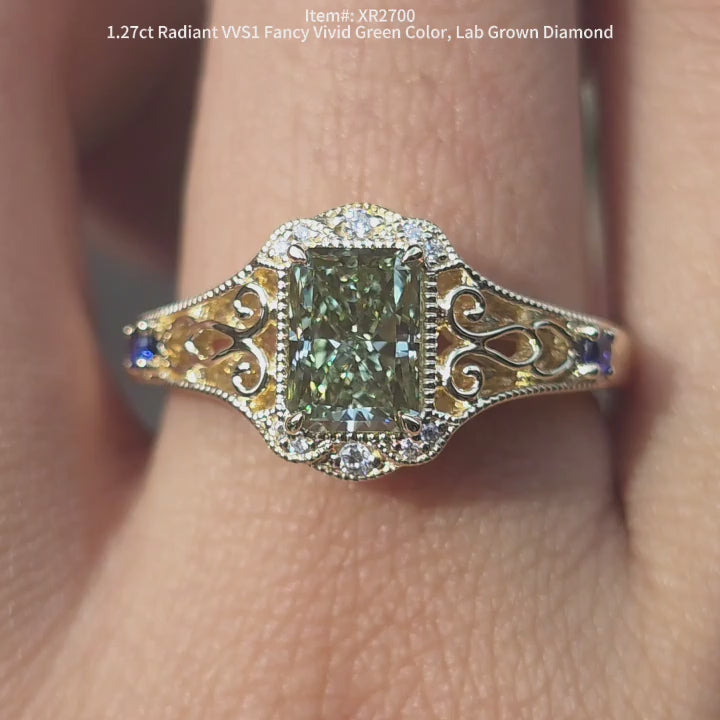 DovEggs 1.27ct Fancy vivid green Lab Grown Diamond Ring – Radiant Cut Engagement Ring for Women