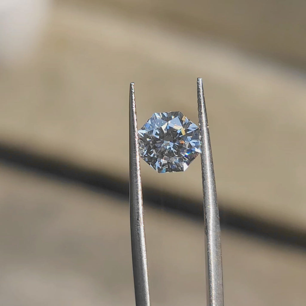 2.02ct octagon-cut lab diamond (F/VS1) in natural light, displaying geometric brilliance