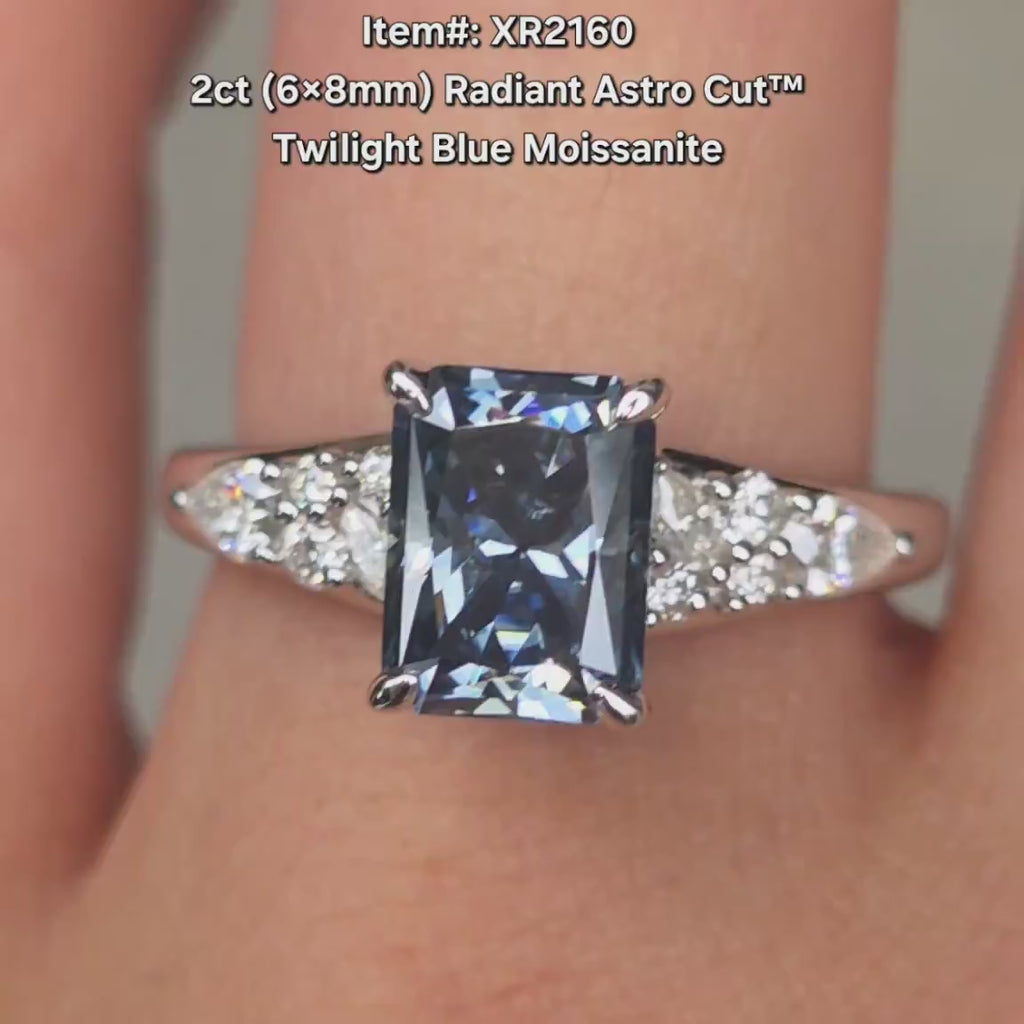 DovEggs radiant side stones vintage stardust grey moissanite engagement ring video
