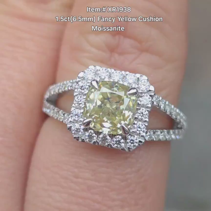 DovEggs yellow cushion moissanite with pave stones engagement ring video