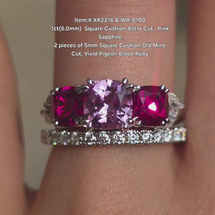 DovEggs cushion astro cut pink sapphire colored gem
ring sparkling in sunlight video.