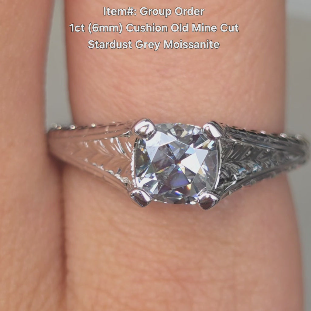 DovEggs Cushion carved solitaire stardust grey moissanite engagement ring video