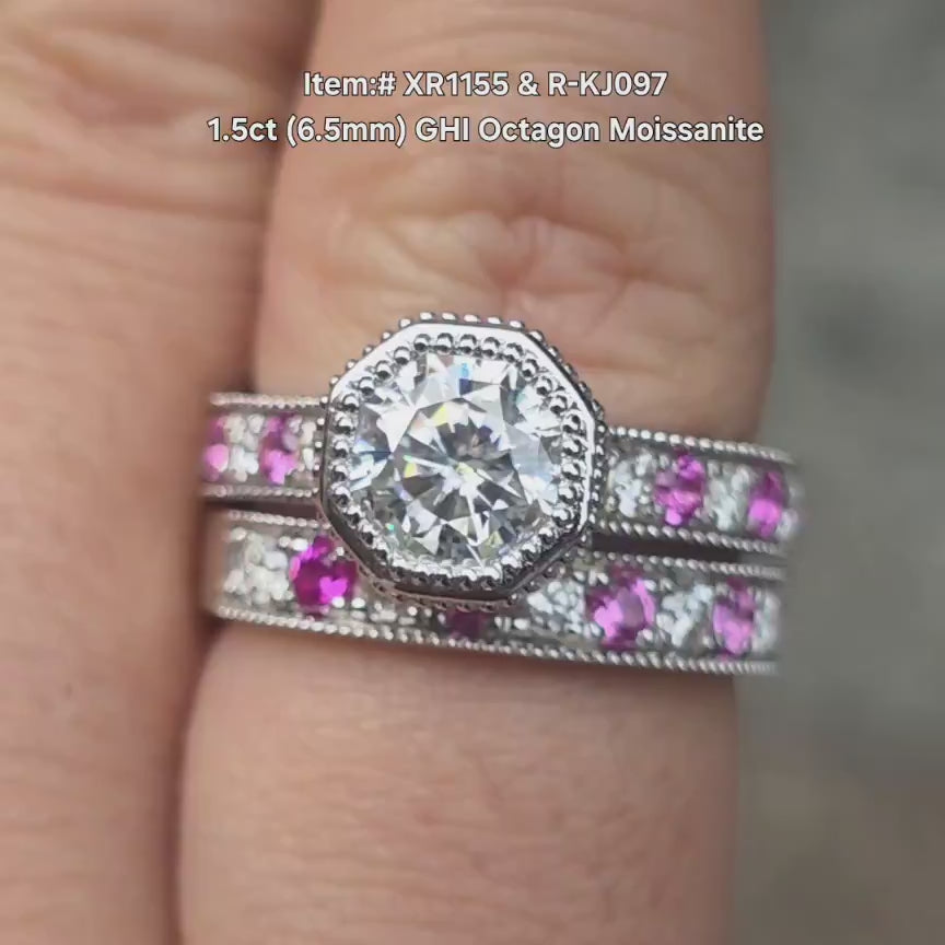 DovEggs octagon moissanite with pink sapphire engagement ring video