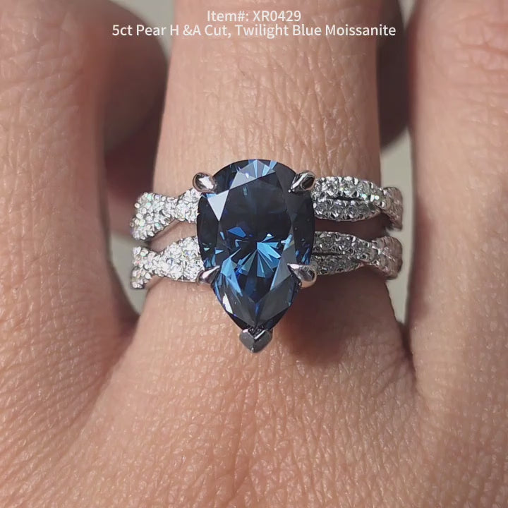 Doveggs pear twilight blue moissanite engagement bridal set 