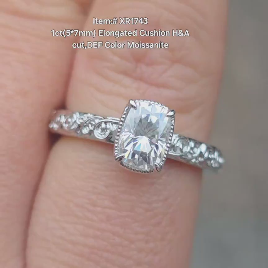 DovEggs carved elongated cushion moissanite engagement ring video