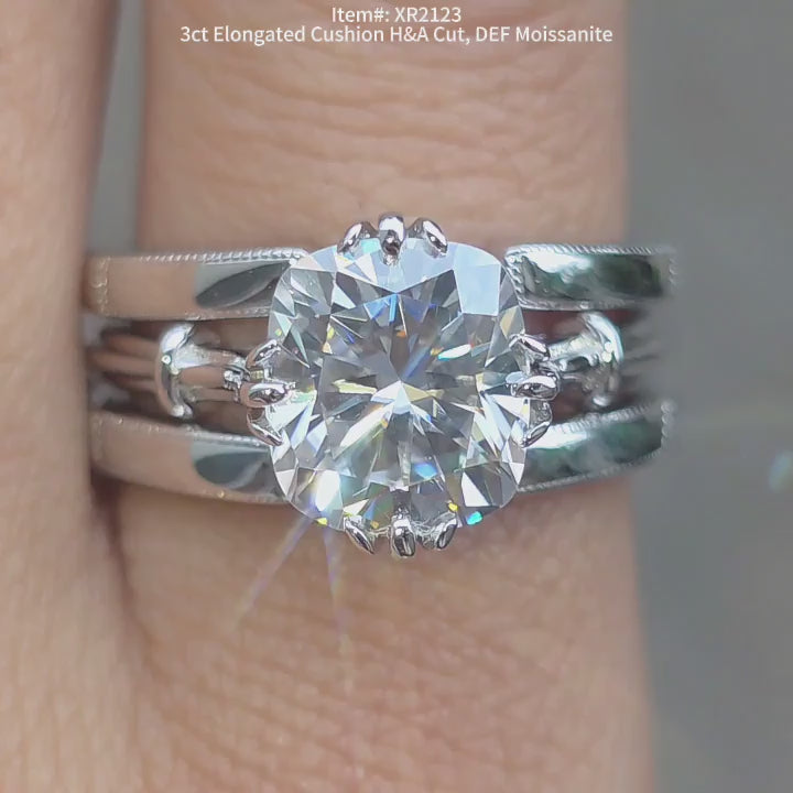 DovEggs DEF color Elongated cushion moissanite ring sparkling in sunlight video