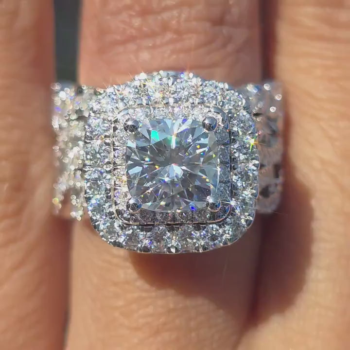 Doveggs cushion halo moissanite engagement ring set video in sunlight