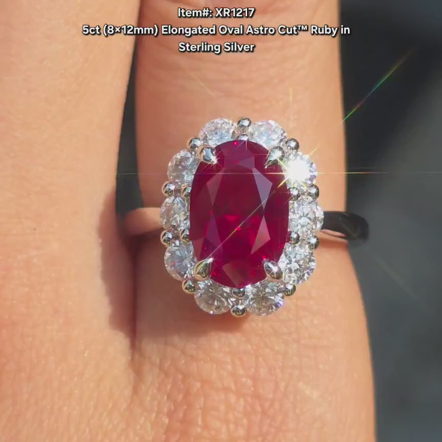 DovEggs oval halo vivid pigeon blood ruby colored gem ring video in sunlight