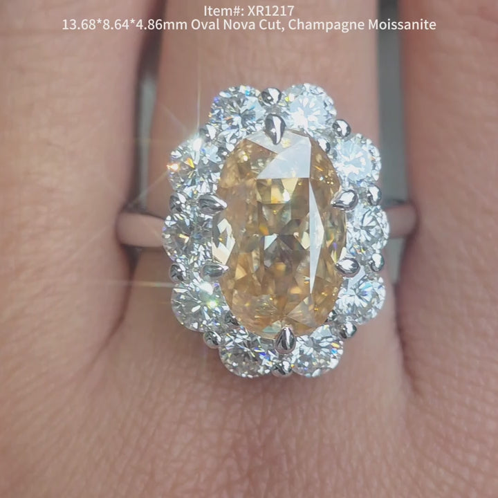 Oval Nova cut champagne moissanite ring sparkling in sunlight video.