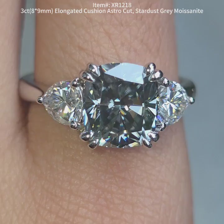 DovEggs stardust grey cushion with trillion moissanite engagement ring video