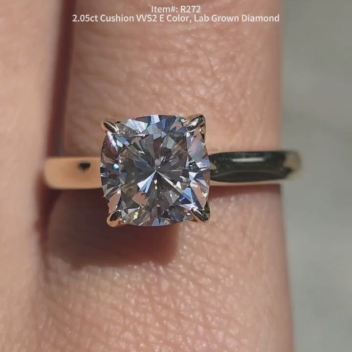 DovEggs solitaire square cushion lab diamond engagement ring in sunlight