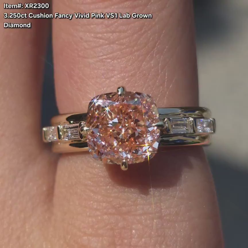 DovEggs cushion pink lab diamond wiuth channel moissnaite engagement ring video in sunlight
