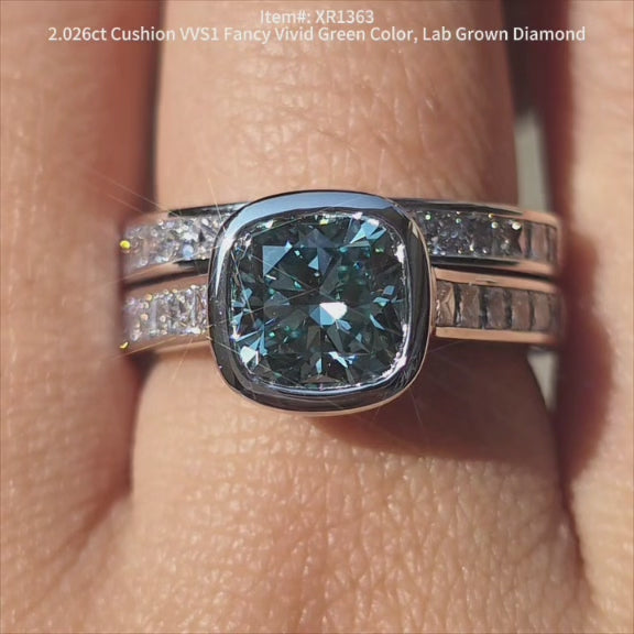 2.026 cushion fancy vivid green color channel set lab diamond engagement ring main view| Doveggs