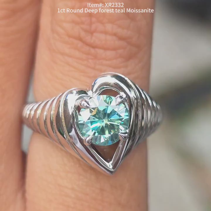 DovEggs round heart shaped solitaire art deco deep forest teal moissanite engagement ring video